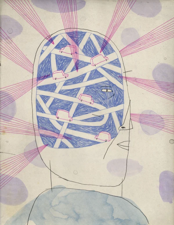 Illustration by Brian Rea for optogenetics article featuring Karl Deisseroth showing a head with headlights beaming out.
